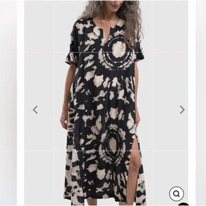 Alembika Dress Size 6-8 Black Cream Tribal Print Breezy Maxi Lagenlook Flowy